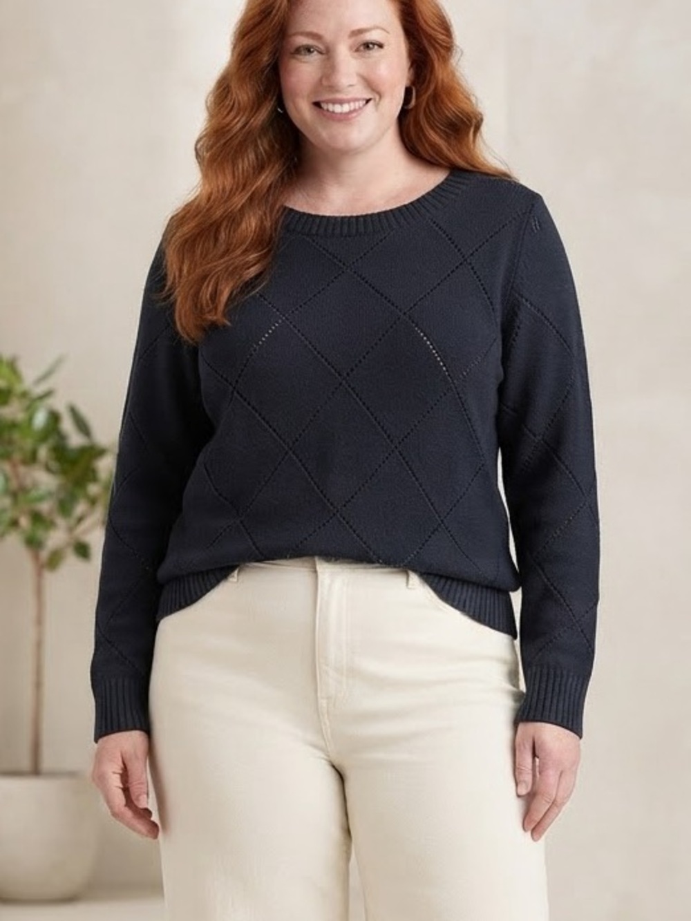 Black Pointelle Crewneck Sweater with Diamond Pattern Preppy Classic NWT